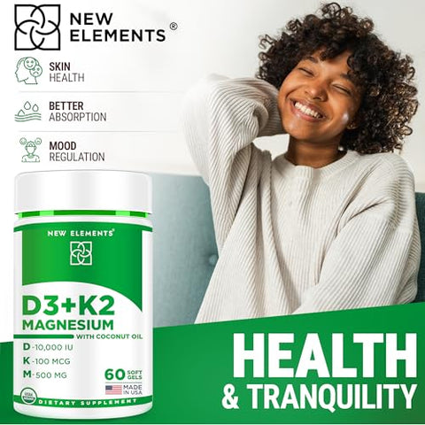 New Elements - Vitamina D3 e K2 Softgels Orgânicos para Mulheres e Homens com Magnésio Glicinato 500mg | Vitamina D3 10000ui | Marca em Destaque