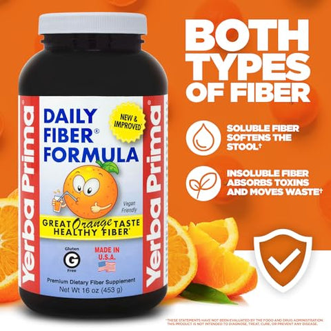 Fórmula Diária de Fibra 16 oz (Pacote com 2) – Suplemento Premium de Fibra Dietética, Sem OGM, Sem Glúten, Fabricado nos EUA, Sabor Laranja - Yerba Prima