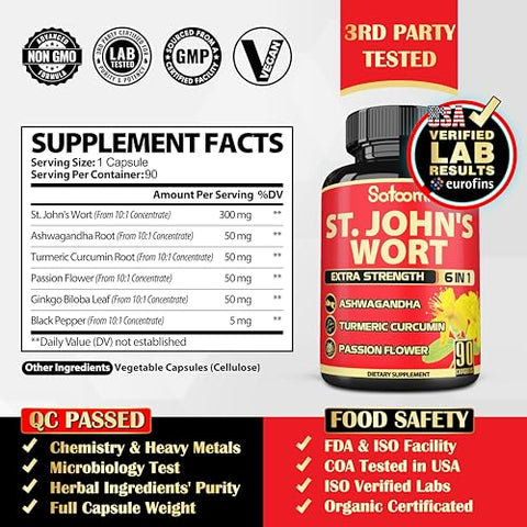 Cápsulas de Hipérico 5050mg – 90 Cápsulas Vegetais 3-Meses de Fornecimento – Raiz de Ashwagandha, Raiz de Cúrcuma, Flor de Maracujá - Satoomi