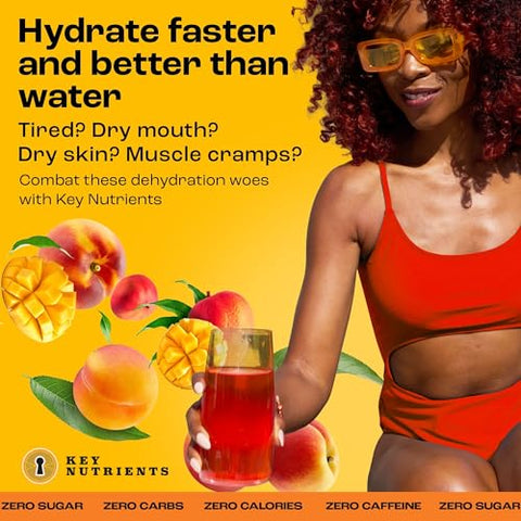 Pacotes de Pó de Eletrólitos – Sabor Pêssego Manga Tropical 20 Pacotes de Hidratação – Pó de Hidratação para Viagem – Sem Açúcar, Sem Calorias, Sem Glúten – Fabricado nos EUA - KEY NUTRIENTS