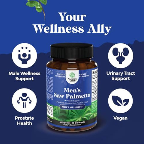 Natures Craft - Saw Palmetto para Homens com Beta Sitosterol – Extrato de Saw Palmetto para Suporte da Próstata e Saúde Masculina | Marca: Prostate Support