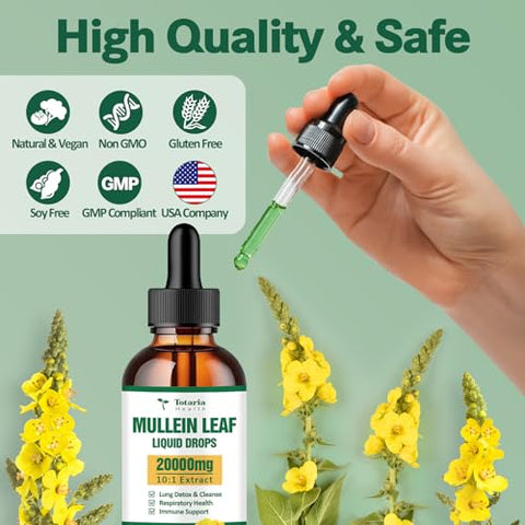 Totaria - Gotas de Mullein para os Pulmões – Taxa de Absorção de 98% – 20000mg de Folha de Mullein Pura por Porção – Mullein Orgânico para Desintoxicação Pulmonar