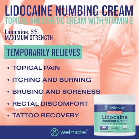 Creme Anestésico 5%% Lidocaína Máxima Potência, Alívio Tópico da Dor, Sem Perfume, Embalagem à Prova de Crianças 180g - WELMATE