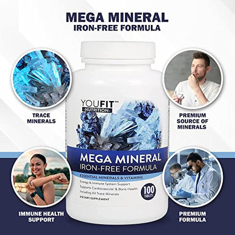 YouFit Nutrition - Youfit Nutrition | Mega Minerals – Fórmula Premium com 72 Minerais Traços | Suporte à Saúde Imunológica | Livre de Ferro | Tudo em Um | 1000mg Cálcio | Fonte de Minerais | 1000g