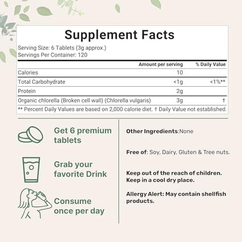 Micro Ingredients - Tabletes de Chlorella Orgânica, 500mg por Tablete, 720 Tabs (360g), 4 Meses de Suprimento, Parede Celular Quebrada, Rica em Proteína Vegana