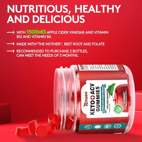 Tenubo - (2 Pacotes) 90 Unidades de Gomas Keto ACV com Fórmula de 1500MG 180 Unidades de Gomas Keto ACV, Suplemento Dietético de Gomas Keto ACV para Mulheres e Homens – Baixo teor de açúcar