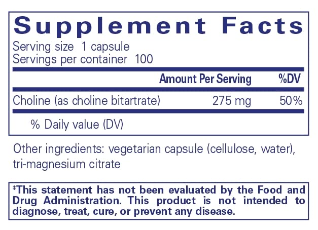 Choline (Bitartrate) – 275 mg – Suporte à Metilação e Saúde Cerebral - Pure Encapsulations