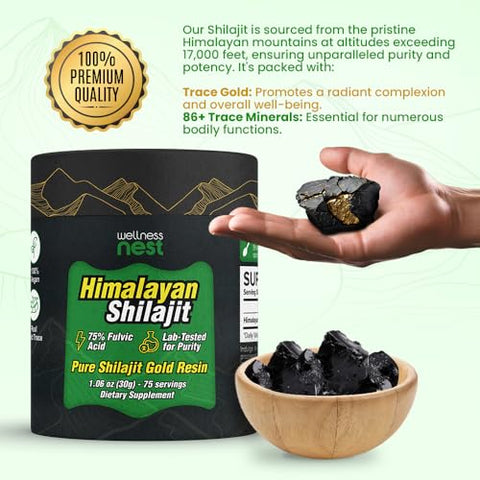Wellness Nest - Resina Pura de Shilajit Himalaia Grau Ouro: Potência Máxima para Homens – 100% Natural e Poderoso