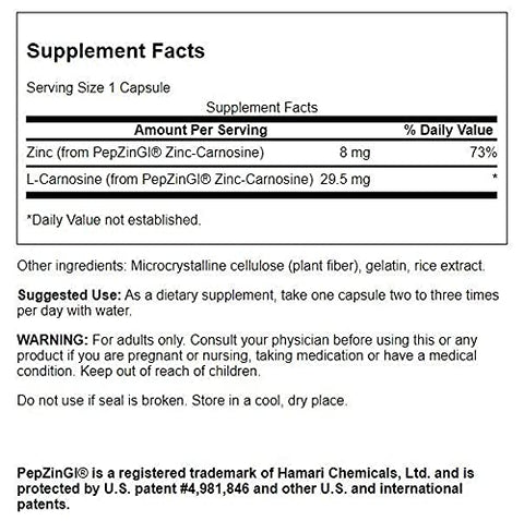 Zinc Carnosine (PepZinGI) – 60 Cápsulas – Saúde Gástrica, Suporte Digestivo e Equilíbrio Microbiano Estomacal - Swanson Ultra