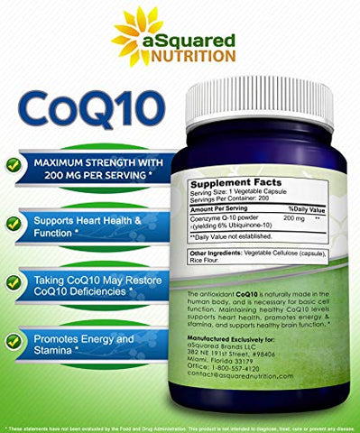 CoQ10 (200 Cápsulas e 200mg) – Pó de CO Q-10 Vegano de Alta Absorção – Suplemento de Enzima Ubiquinona em Pílulas, Coenzima Q10 Antioxidante Extra, Vitamina Coq 10 - aSquared Nutrition