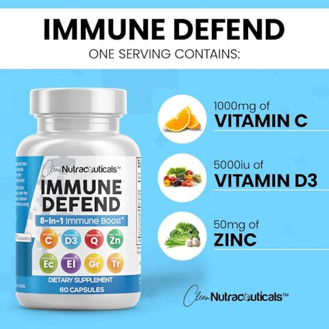 Clean Nutraceuticals - Suplemento 8 em 1 para Suporte à Defesa Imunológica c/ Zinco 50mg Quercetina, Vit C 1000mg, Vitamina D3 5000 UI, Sabugueiro, Cúrcuma Curcumina, Gengibre, Equinácea – Impulsionador do Sistema Imunológico