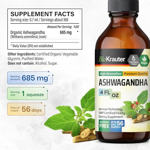BIO KRAUTER - Ashwagandha Líquido – Gotas de Ashwagandha para Calma – Extrato de Ashwagandha – Suporte Vegano ao Humor – Tintura de Ashwagandha – 120ml