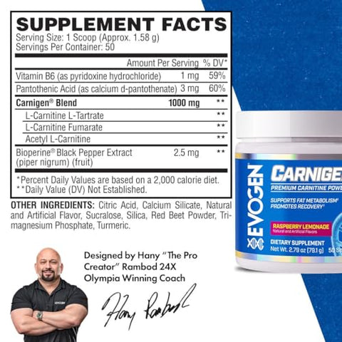 Carnigen Framboesa Limonada | Pó Termogênico de Carnitina, Tartrato de Carnitina, Acetil-L-Carnitina, Fumarato de Carnitina, Bioperina, 50 Porções - Evogen
