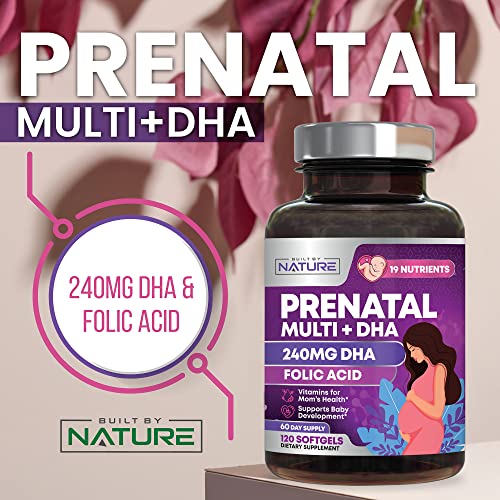 Built by Nature - Vitaminas Pré-Natais para Mulheres – Multivitamínico com DHA, Ácido Fólico, Vitamina C, B12, Ferro