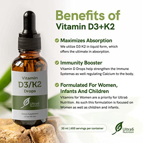 Ultra6 Nutrition - Gotas de Vitamina D e K2 – Vitamina D3 Líquida com Suplementos de K2 para Adultos e Crianças – Suplemento de Vitaminas D3/K2 para Absorção Suprema e Ossos Saudáveis – Fabricado nos EUA