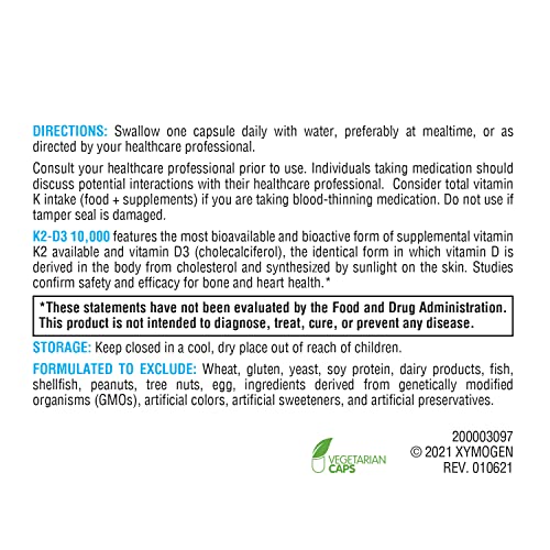 K2-D3 10000 – Vitamina D3 K2 – Vitamina D 10.000 UI (Colecalciferol) com Vitamina K2 MK-7 – Saúde do Coração, Arterial e Óssea – Suporte Imunológico (120 cápsulas) - XYMOGEN