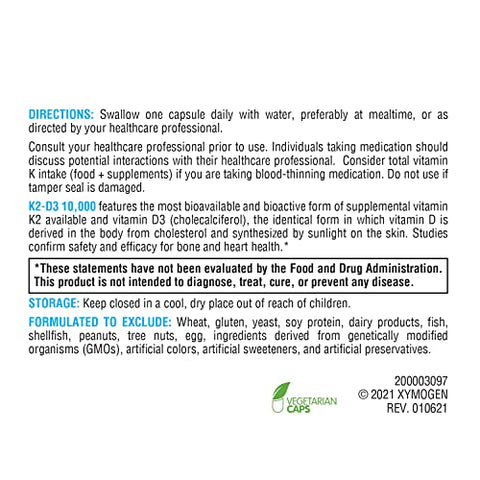 K2-D3 10000 – Vitamina D3 K2 – Vitamina D 10.000 UI (Colecalciferol) com Vitamina K2 MK-7 – Saúde do Coração, Arterial e Óssea – Suporte Imunológico (120 cápsulas) - XYMOGEN