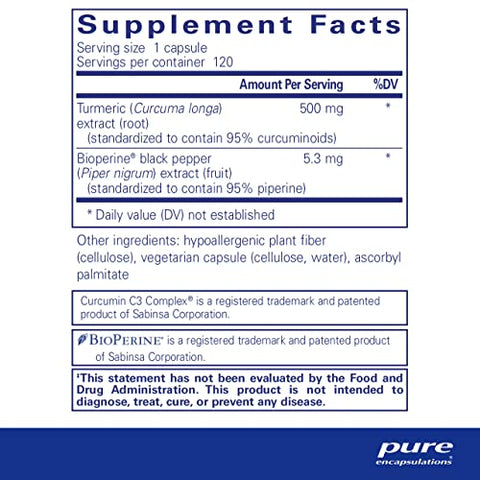 Curcumin 500 com Bioperine – Suplemento Antioxidante para Suporte a Articulações, Tecidos, Fígado e Cólon – Marca Pure Encapsulations - Pure Encapsulations
