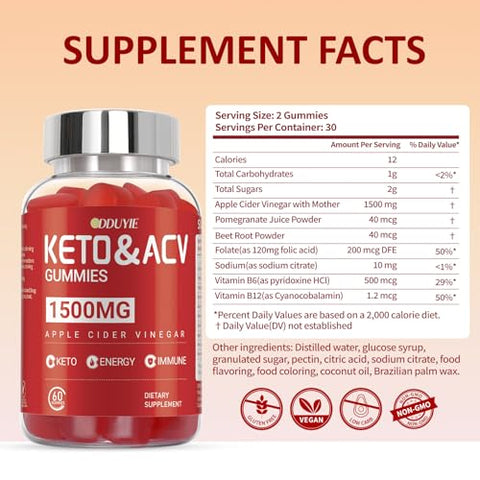 DDUYIE - (2 Pacotes) Gomas de ACV Keto – 1500mg Gomas de Vinagre de Maçã – com Romã e Beterraba