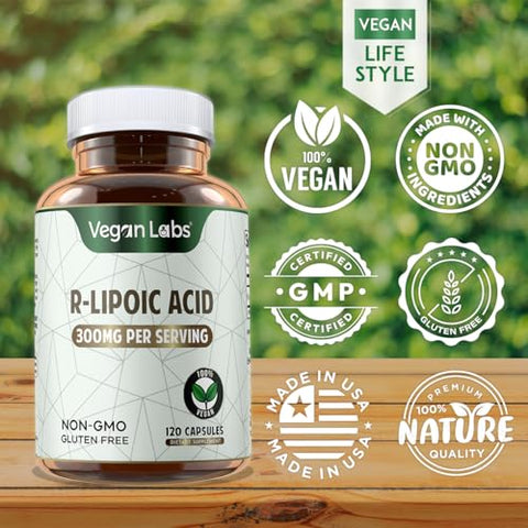 Ácido R-Lipoico 300MG, 120 Cápsulas Veganas – Suporte à Energia Celular e Proteção Antioxidante – Livre de Glúten, Não-OGM, Suplemento de R-ALA Estabilizado – Fornecimento de 4 Meses - Vegan Labs