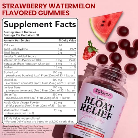 Sakoon nutrition - Sakoon Nutrition – Gummies Alívio de Inchaço para Mulheres – Chá Verde, ACV, Dente-de-leão, Folha de Buchu, Suporte Natural à Digestão, 60 Gummies, Sabor Melancia