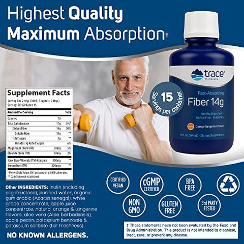 Fibra Líquida de Absorção Rápida 14g | Aditivo Natural para Digestão Saudável e Movimento Intestinal Normal | Sem Glúten | Laranja Tangerina | 14g, 450ml - Trace Minerals