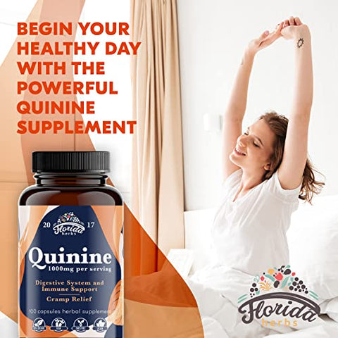 FLORIDA HERBS - Pílulas Orgânicas para Defesa de Cãibras nas Pernas – 1000 mg – Comprimidos de Quinina para Suporte a Pernas Inquietas – Suplemento de Casca de Cinchona – Cápsulas de Quinina para Cãibras Musculares – Cápsulas Veganas