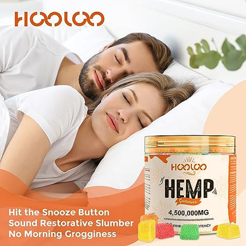HOOLOO - Hemp Gummies Extra Forte para Adultos – 6 Sabores Frutados Infundidos com Vitaminas, Ômega 3 – Goma de Mascar Mastigável para Noites de Sono Profundo, Concentração, Relaxamento – Pacote com 4 – Fabricado nos EUA