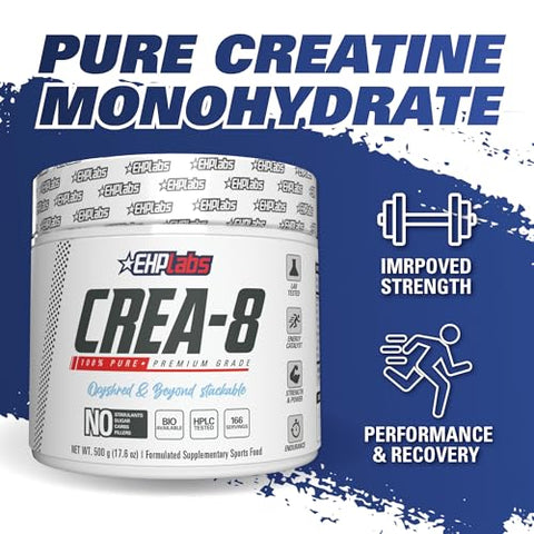 CREA-8 Pó de Monohidrato de Creatina – Suplemento para Crescimento Muscular, Aumento de Força, Energia Aprimorada e Performance Melhorada – Sem Sabor – 100g - EHP Labs