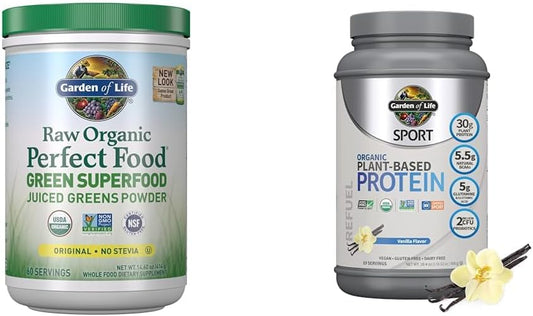 Super Greens em Pó para Smoothie com 60 Porções e Proteína Vegana Orgânica para Esportes com 19 Porções - Garden of Life