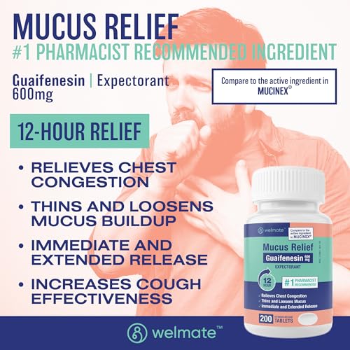 Alívio da Mucosidade | Guaifenesina 600mg | Suporte 12 Hr | Alívio Temporário da Tosse, Nasal - WELMATE