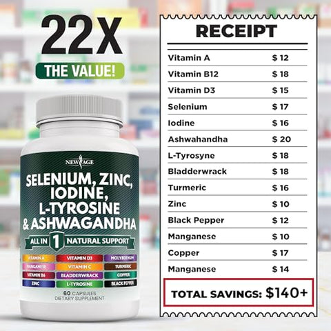 NEW AGE - Selenium 300mcg Zinc 50mg Iodine 500mcg L Tyrosine 500mg Ashwagandha 6000mg – Suporte para Tireoide com Bladderwrack, Cúrcuma, Sílica Kelp, Schisandra – Marca: [Nome da Marca]