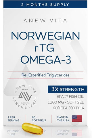 Anew Vita - Óleo de Peixe Norwegian rTG Omega 3 para o Cérebro – 100% puro e concentrado – 120 cápsulas – Alta qualidade – Saúde cerebral – EPA e DHA – 1000mg – Ômega 3 de origem natural – Importado