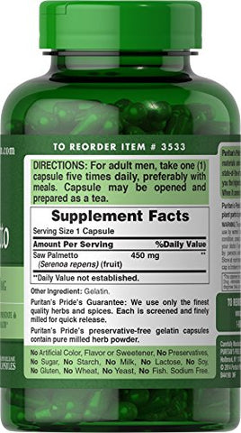 Puritan's Pride - Puritan’s Pride Saw Palmetto 450 Mg – Suporte à Saúde da Próstata e do Trato Urinário – 200 Comprimidos