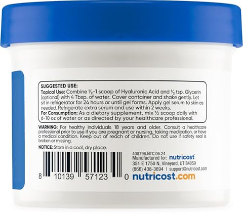 Ácido Hialurônico em Pó 50g – Solúvel em Água, Fino, Sem Glúten, Não-OGM - Nutricost