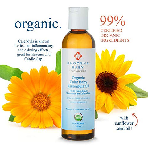 Óleo de Calêndula Orgânico Shoosha Sem Fragrância, para Bebês, Óleo de Calêndula Real, Óleo de Massagem Hidratante de Calêndula, Hipoalergênico, Sem Glúten, 100% Biodegradável
