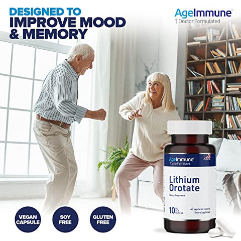 AgeImmune - Suplemento Lithium Orotate 10mg, 60 Cápsulas Vegetarianas. Suporte para Memória e Bem-Estar Emocional. Livre de Estearato de Magnésio