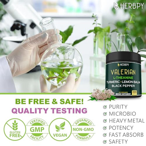 Herbpy - Cápsulas de Raiz de Valeriana 5 em 1 5150mg com L-Teanina, Melissa, Cúrcuma e Extrato de Pimenta Preta para Relaxamento, Noite de Descanso e Digestão