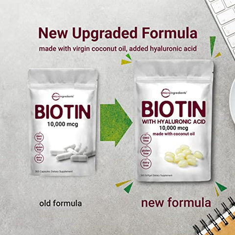 Biotina 10.000mcg c/ Ácido Hialurônico 25mg | 365 Softgels Óleo de Coco Virgem, Liberação Rápida, Suprimento de Um Ano, Suporta Cabelos e Pele Saudáveis - Micro Ingredients
