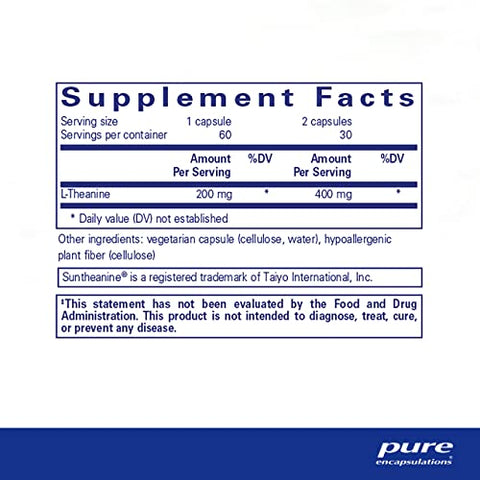 L-Theanine – Suplemento de Aminoácido para Relaxamento e Redução do Estresse – 60 cápsulas de 200mg - Pure Encapsulations