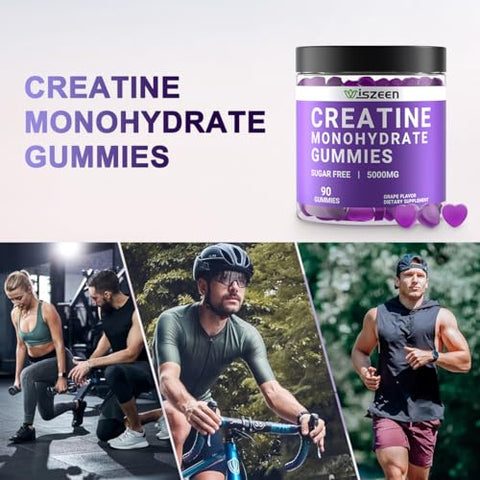 Wiszeen - Gomas de Creatina Monohidratada 5000mg para Homens e Mulheres, Gomas de Creatina Monohidratada Sem Açúcar com L-Taurina, Betaína Anidra, Alpha GPC, Vitamina B12
