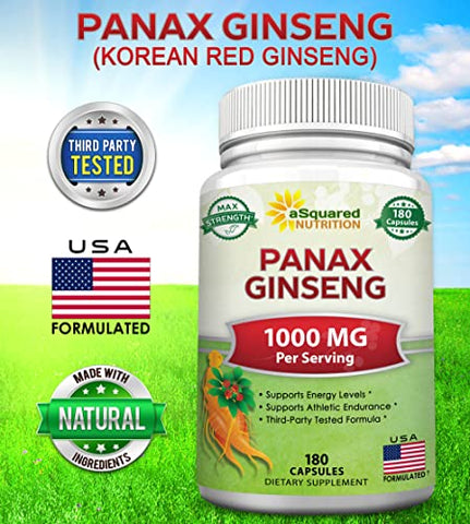 Ginseng Coreano Vermelho Panax (1000mg Máxima Potência) 180 Cápsulas Extrato de Raiz Complexo, Suplemento em Pó Asiático, Alta Dosagem de Ginsenosídeos em Sementes, Comprimidos de - aSquared Nutrition