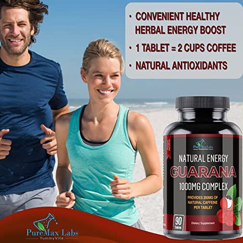 YUMMYVITE - Guarana Natural Energy 1000MG – 200MG de Cafeína Herbal (2 xícaras de café), antioxidantes, Aumenta a Energia, Comprimidos de Cafeína Natural, 90 Comprimidos