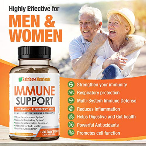 LLC,Rainbow Nutrients - Suplemento de Suporte Imunológico 10 em 1 (Sem Preenchedores) | Vitamina C, Zinco, Sabugueiro, Equinácea, Cúrcuma, Probióticos | Impulsionador da Imunidade para Defesa Imune Multissistêmica, Respiratória