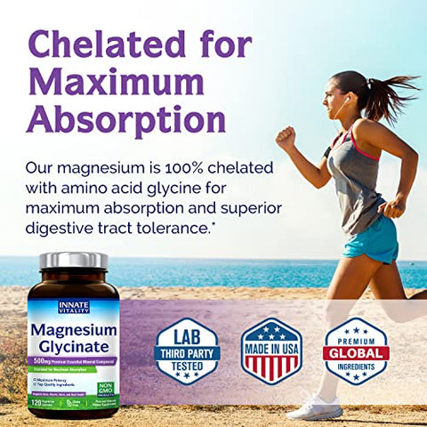 Suplemento de Magnésio Glicinato 500mg, Alta Absorção, Marca Innate Vitality – Não-OGM