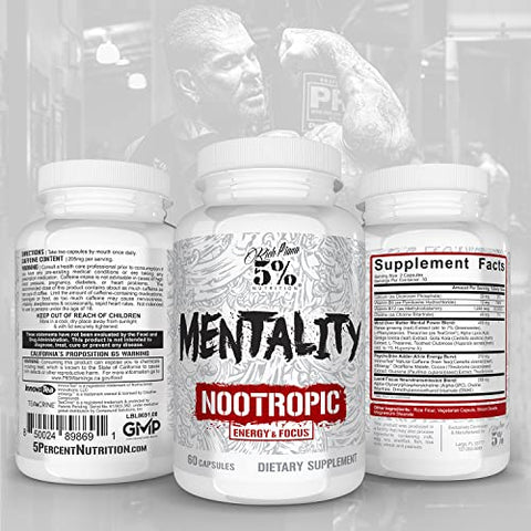 5% Nutrition - 5%% Nutrition Rich Piana Mentality – Suplemento Nootrópico para Performance, Memória e Clareza Mental – Ginseng, Ginkgo, L-Theanine, Colina, Huperzine – 60 cápsulas