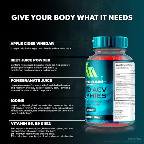NutraRize - (3 Pack) Gomas Keto Rain ACV, Oficiais KetoRain Keto ACV, Suplemento Natural Keto, Vinagre de Maçã Keto, Avaliações Keto Plus ACV (180 Gomas)