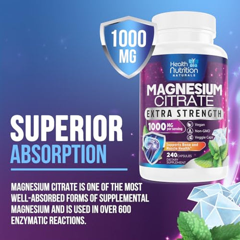 Health Nutrition Naturals - Cápsulas de Citrato de Magnésio 1000mg – Suplemento de Magnésio em Pó de Alta Absorção para Suporte Muscular, Nervoso, Ósseo e Cardíaco, Complexo de Citrato de Alta Absorção, Livre de Glúten,