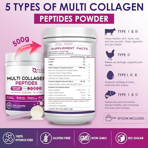 Pó de Colágeno Hidrolisado com Vitamina C e Ácido Hialurônico – Suporte para Pele, Cabelo e Unhas – Tipo I, II, III, V, X – 100g - NATURE TARGET