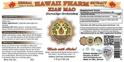Hawaii Pharm - Xian Mao Tintura, Xian Mao, Extrato Líquido de Raiz de Curculigo (Curculigo Orchioides), Suplemento Herbal 120 ml